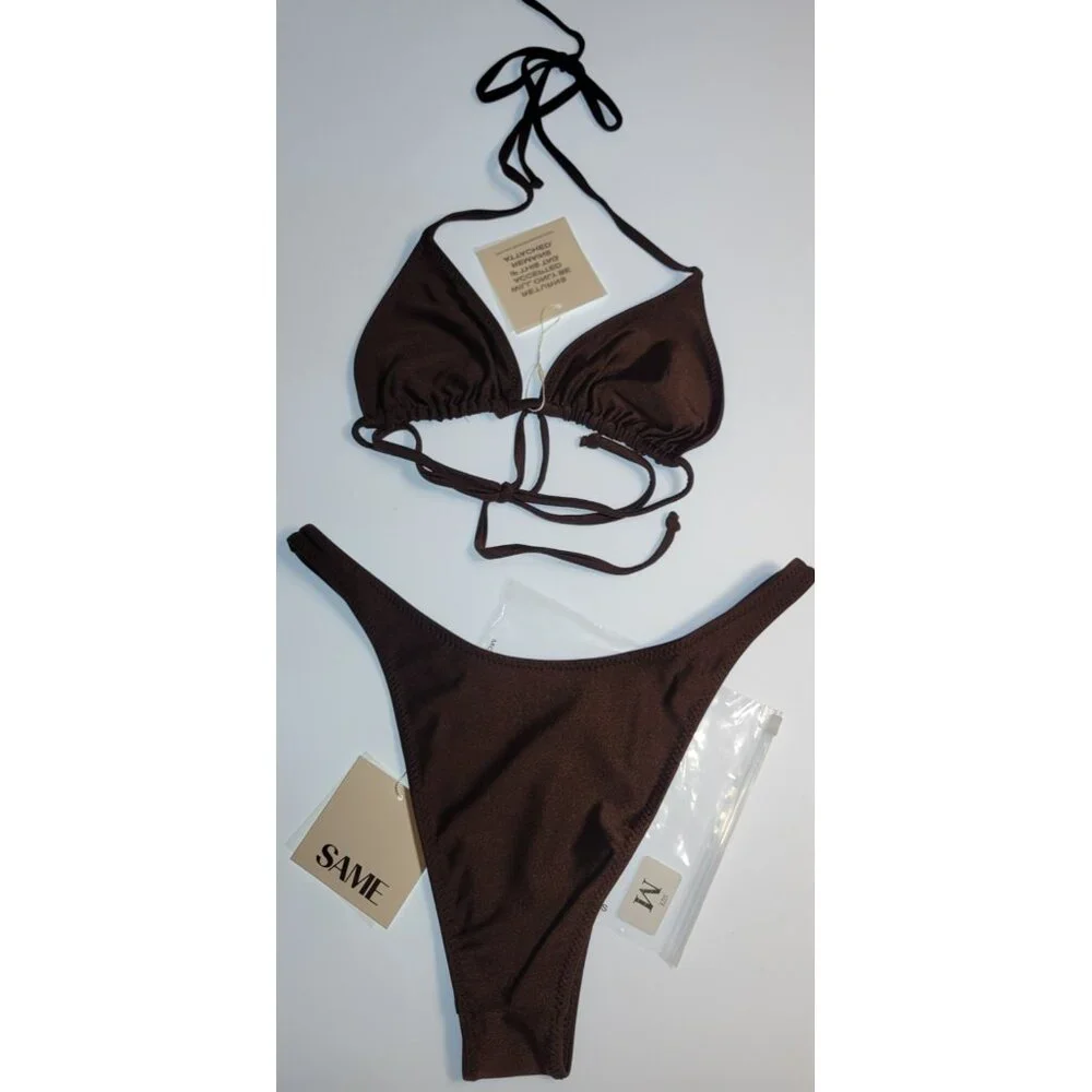 SAME Los Angeles Swim Bikini Set 2Pc Triangke Top L 90s Bottom Medium Brown SZ M - Picture 14 of 16
